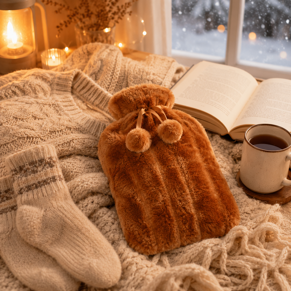 Hot Water Bottle with Plush Cover Removable Fleece Heating Bag Warm