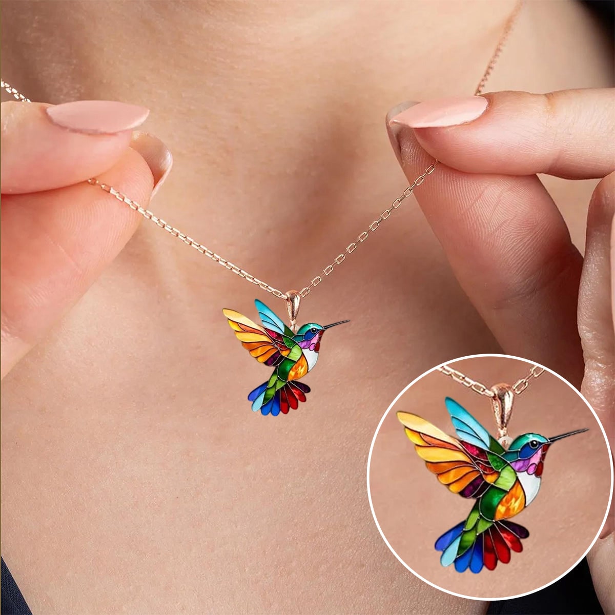 Colorful Hummingbird Necklace with Earrings Set Delicate Enamel Pendant Jewelry