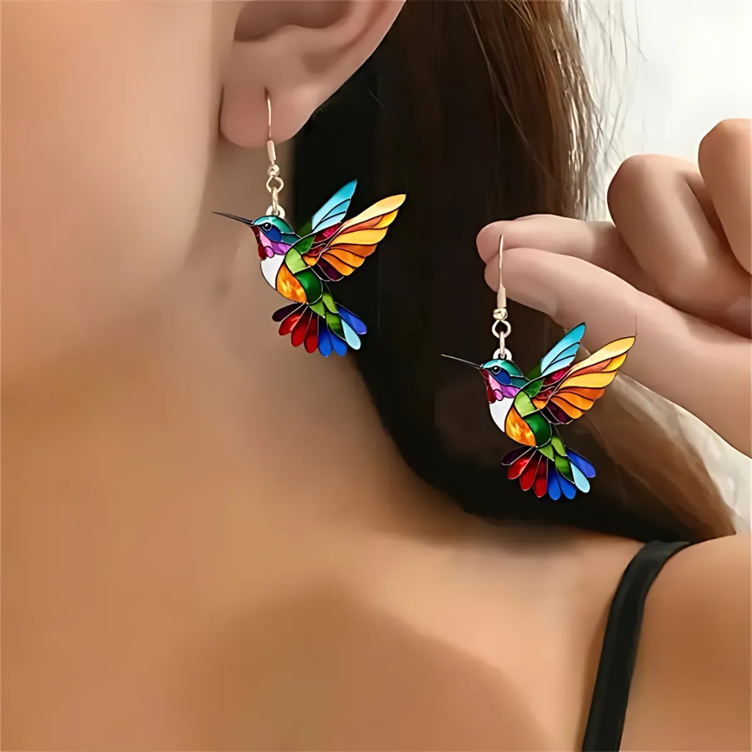 Colorful Hummingbird Necklace with Earrings Set Delicate Enamel Pendant Jewelry