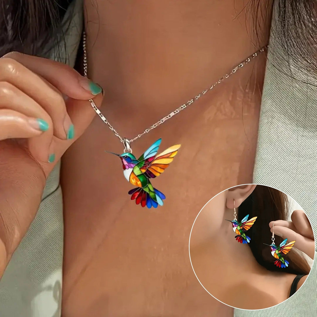 Colorful Hummingbird Necklace with Earrings Set Delicate Enamel Pendant Jewelry