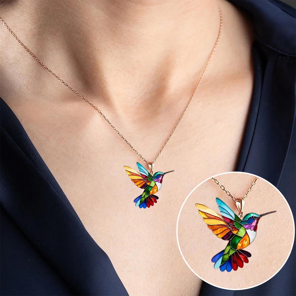 Colorful Hummingbird Necklace with Earrings Set Delicate Enamel Pendant Jewelry