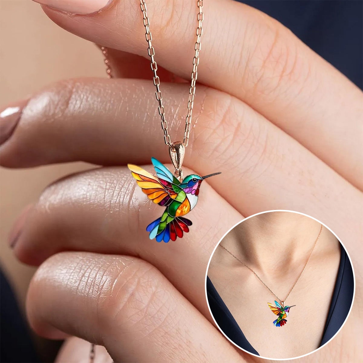 Colorful Hummingbird Necklace with Earrings Set Delicate Enamel Pendant Jewelry