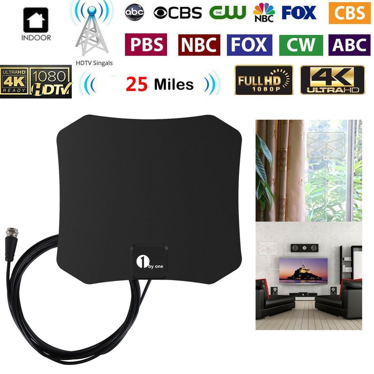 Indoor TV Antenna Digital Hdtv Flat Coaxial Cable Wall Mount Stick