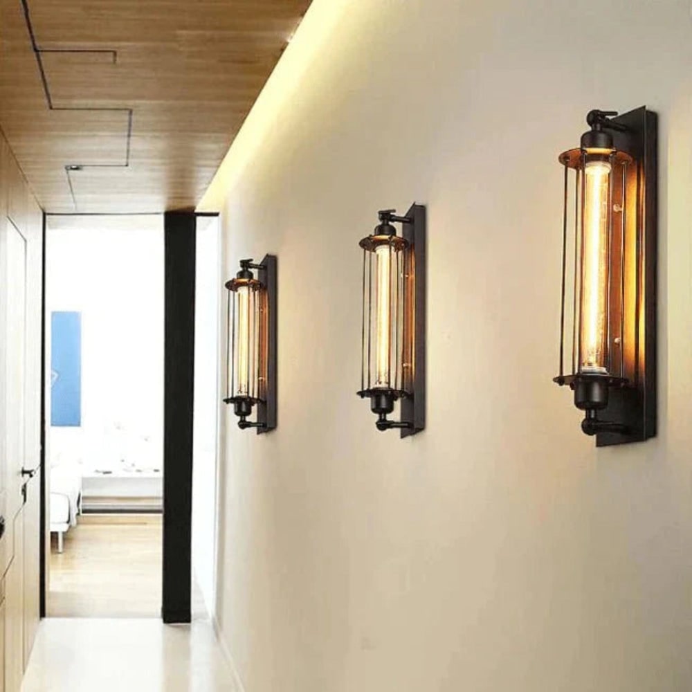 Industrial Wall Sconce with Modern LED Lighting and Vintage Metal Cage Design Wireless