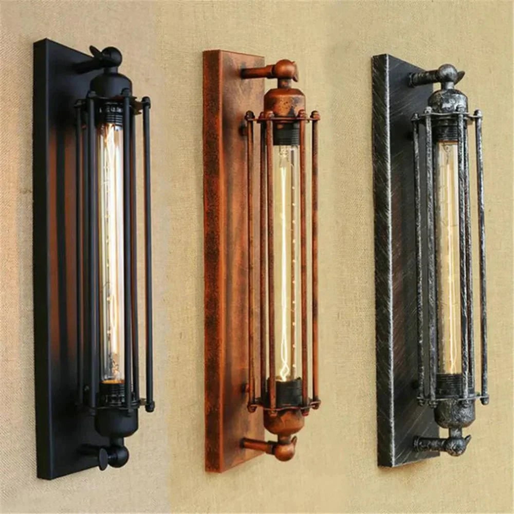 Industrial Wall Sconce with Modern LED Lighting and Vintage Metal Cage Design Wireless