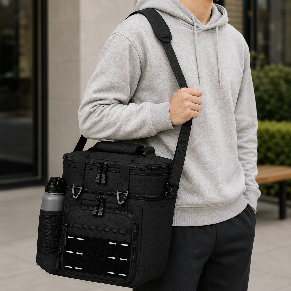 Insulated Freezer Cooler Lunch Bag with Tactical Molle Shoulder Strap and Bottle Pocket