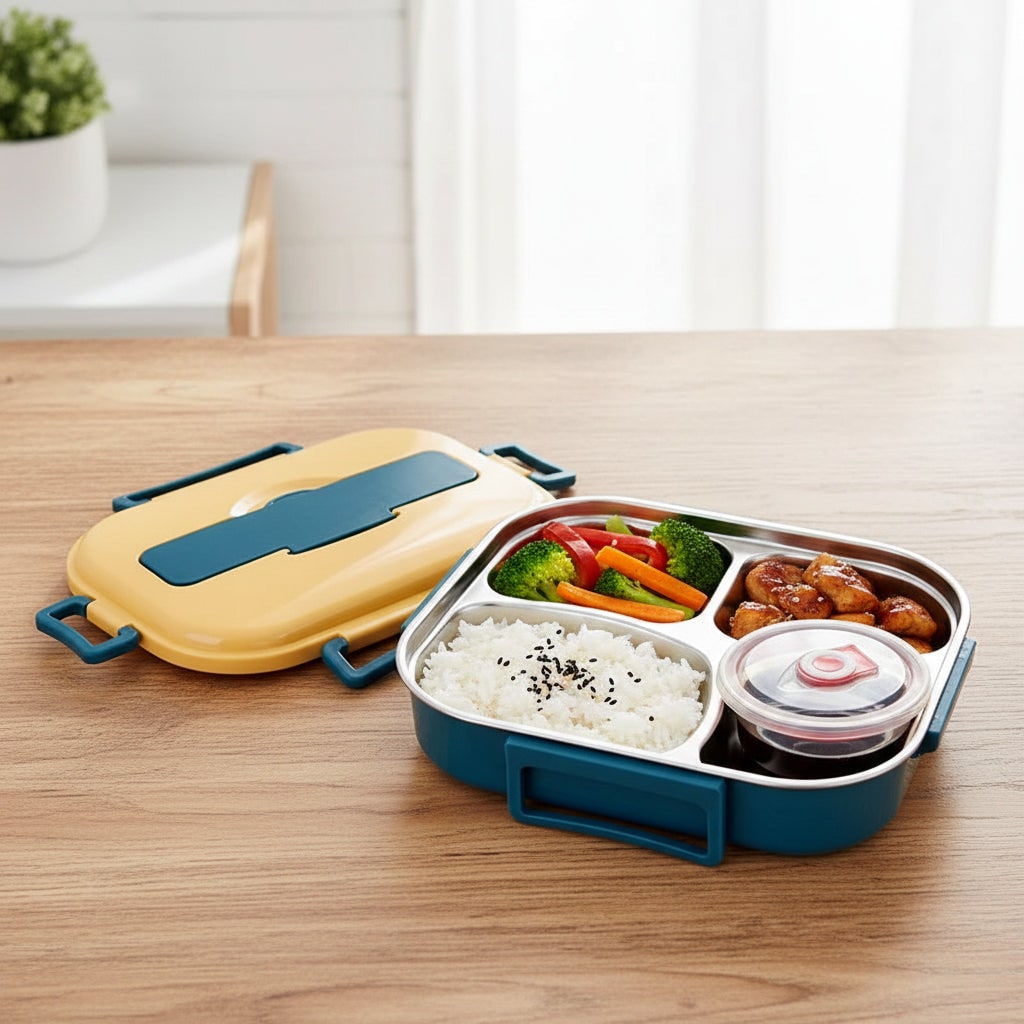 Insulated Stainless Steel Bento Lunch Box with Divided Compartments and Lidded Bowl