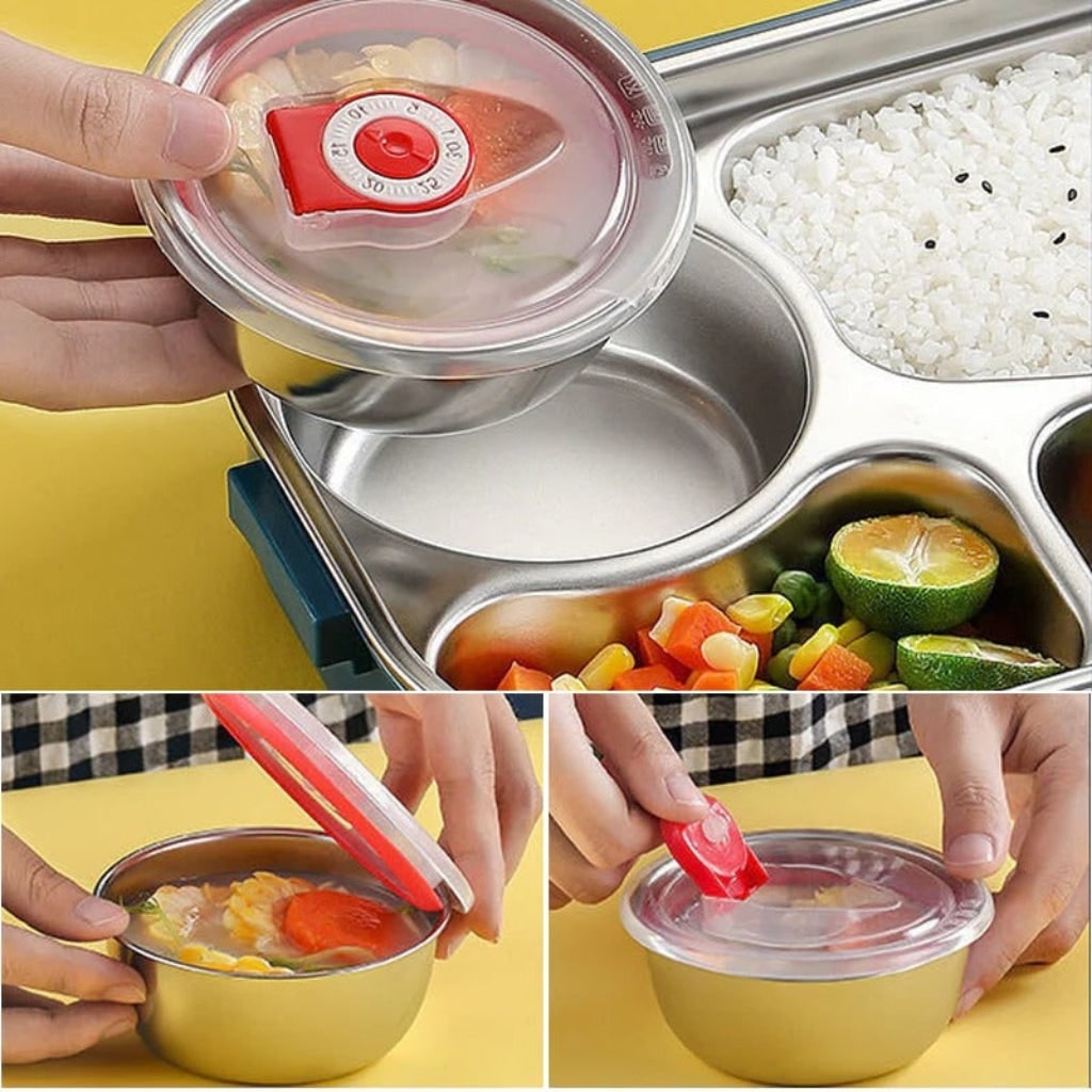 Insulated Stainless Steel Bento Lunch Box with Divided Compartments and Lidded Bowl