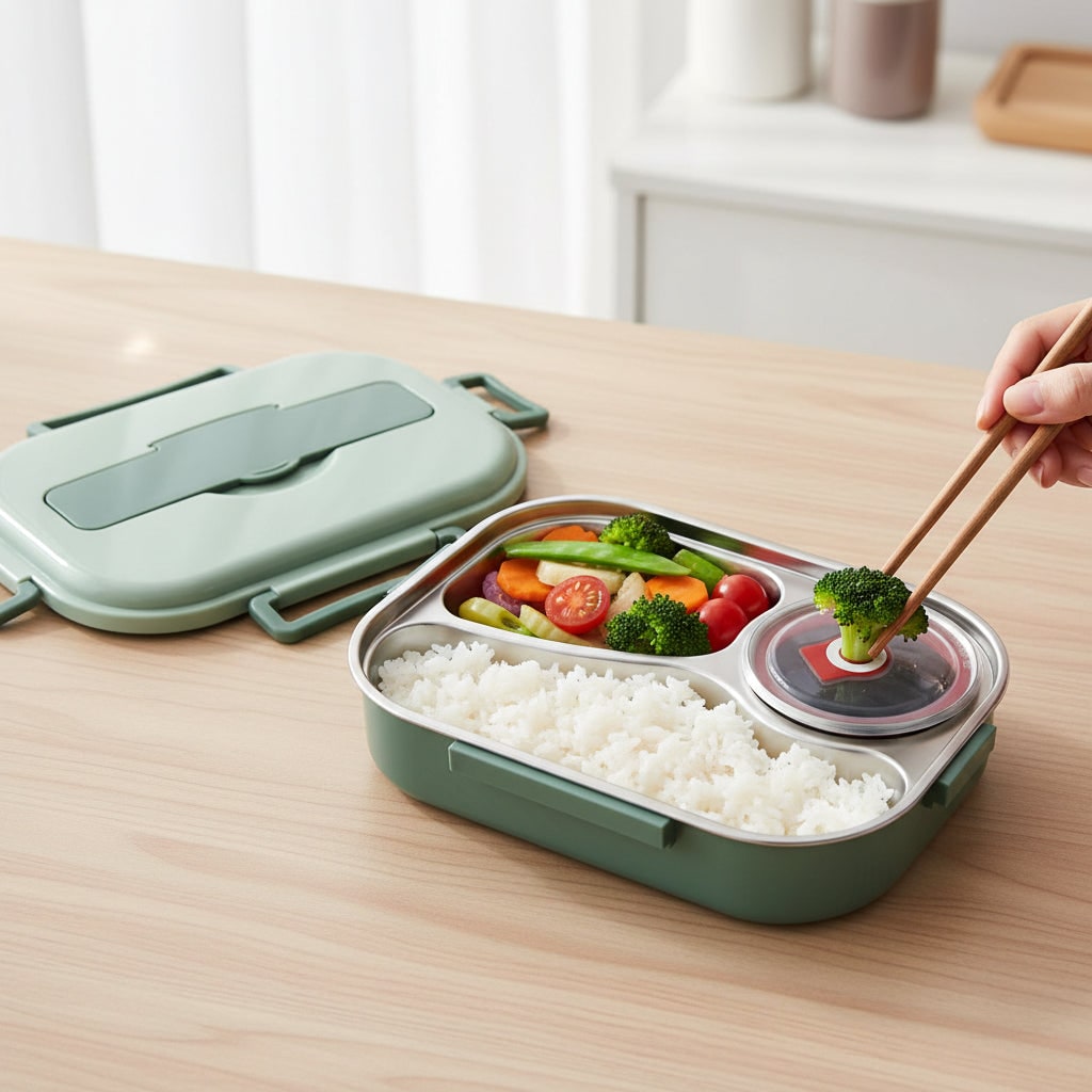 Insulated Stainless Steel Bento Lunch Box with Divided Compartments and Lidded Bowl
