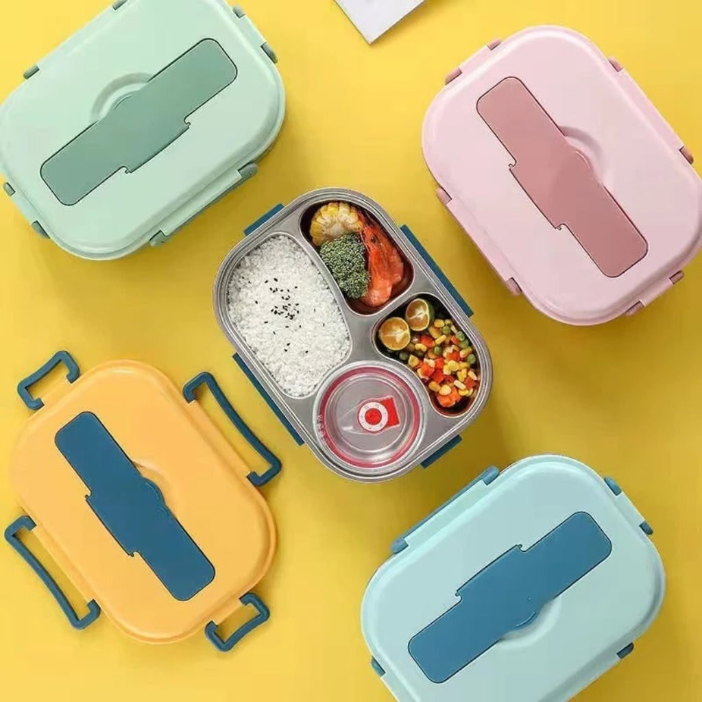 Insulated Stainless Steel Bento Lunch Box with Divided Compartments and Lidded Bowl