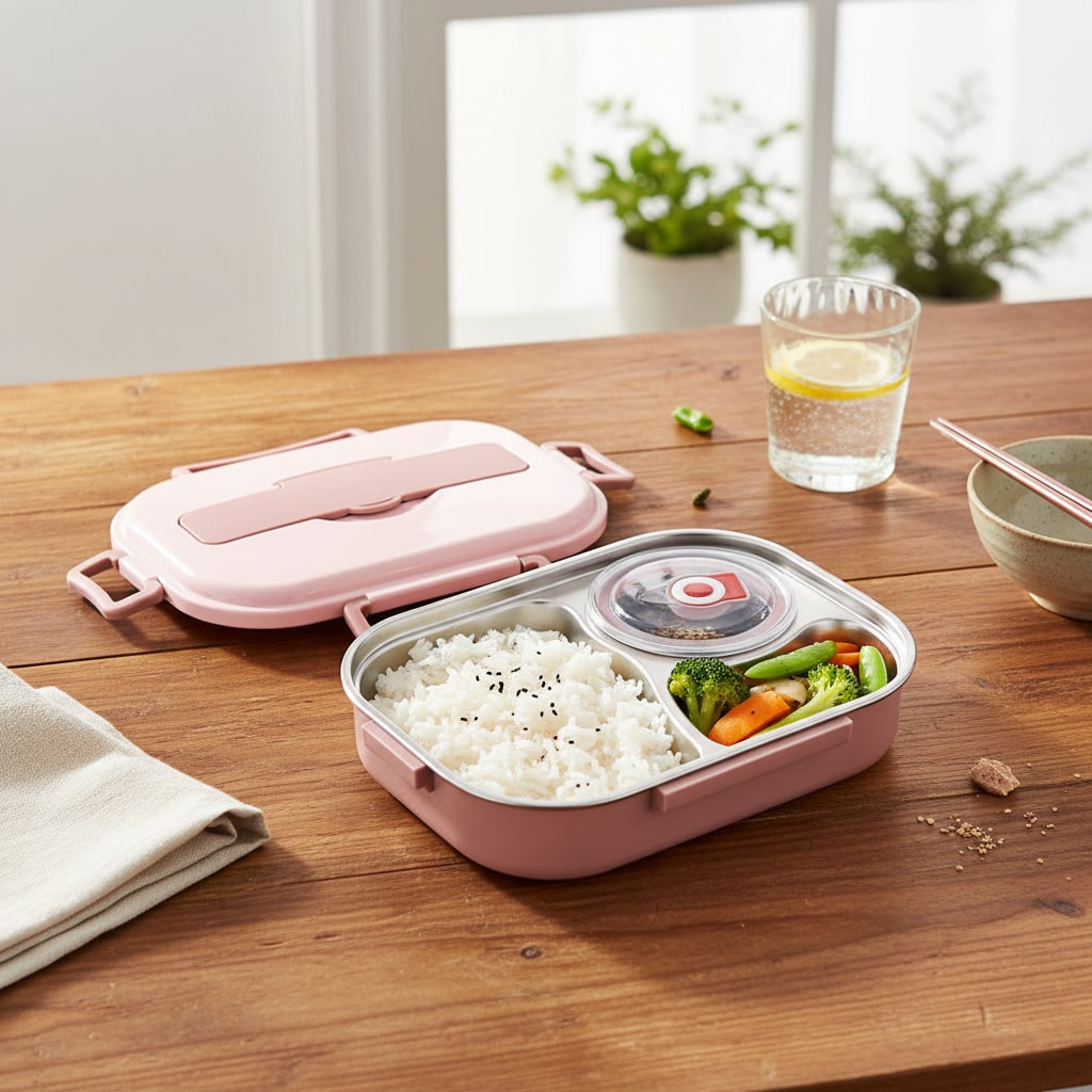 Insulated Stainless Steel Bento Lunch Box with Divided Compartments and Lidded Bowl