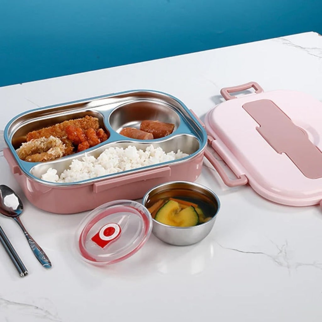 Insulated Stainless Steel Bento Lunch Box with Divided Compartments and Lidded Bowl