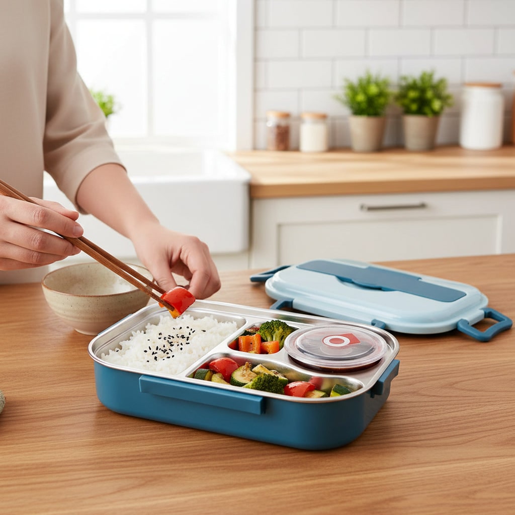 Insulated Stainless Steel Bento Lunch Box with Divided Compartments and Lidded Bowl