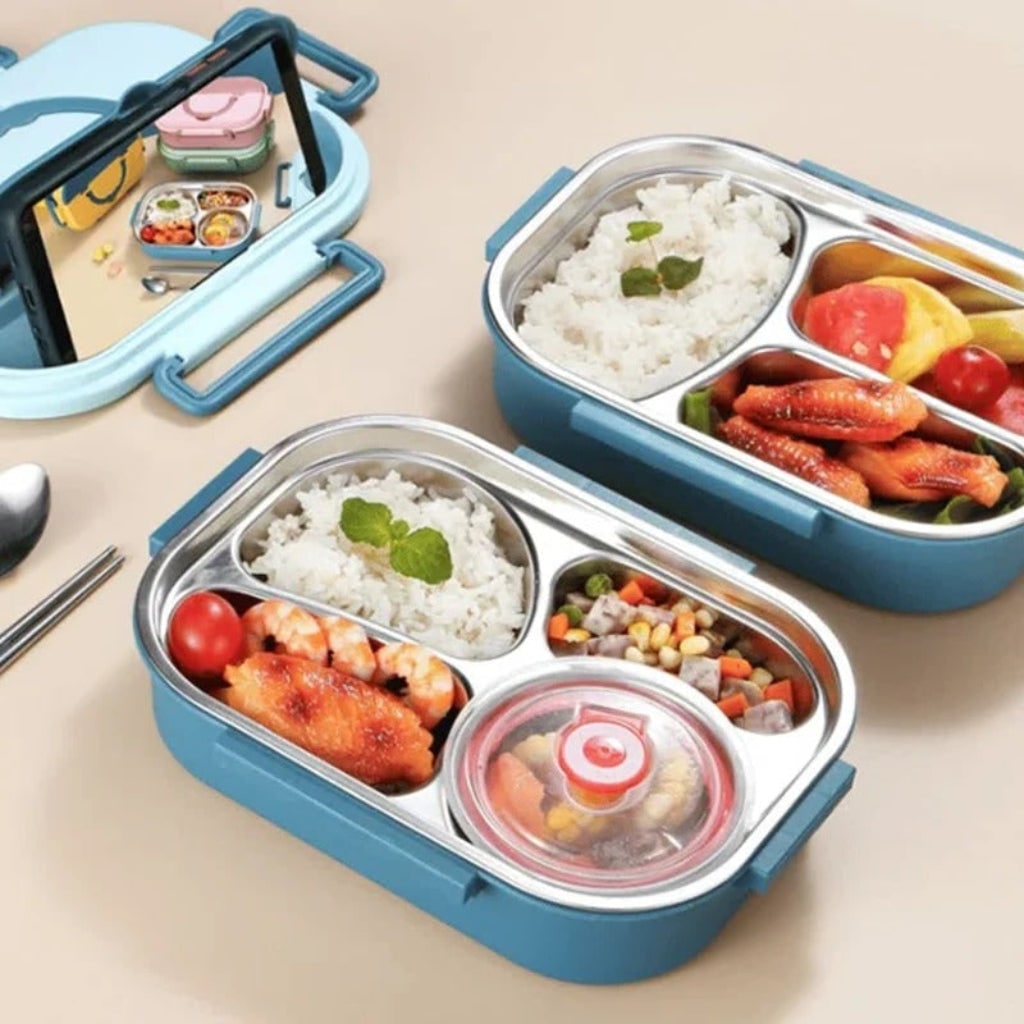 Insulated Stainless Steel Bento Lunch Box with Divided Compartments and Lidded Bowl