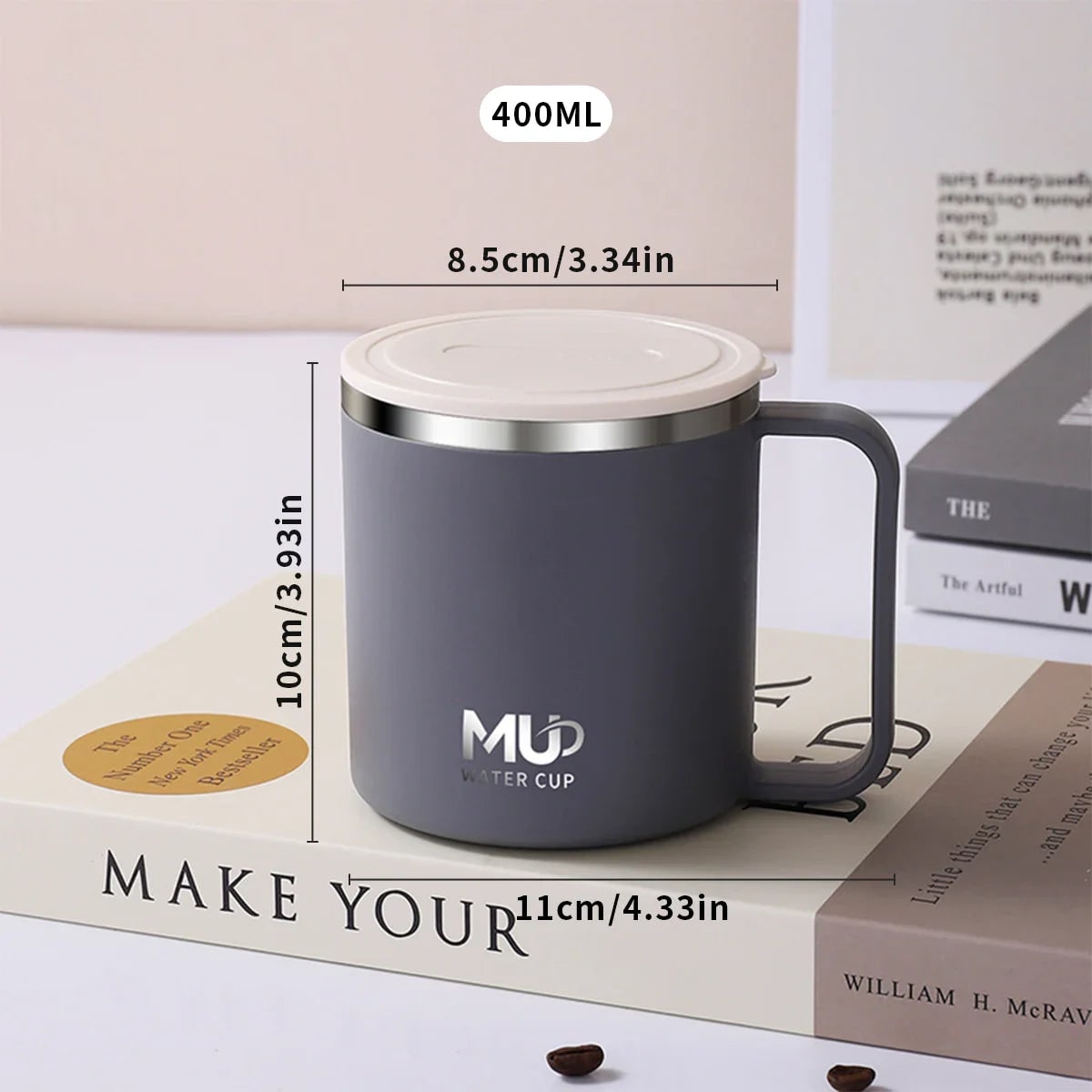 Insulated Stainless Steel Coffee Mug with Lid Handle and Double Walled Design for Travel