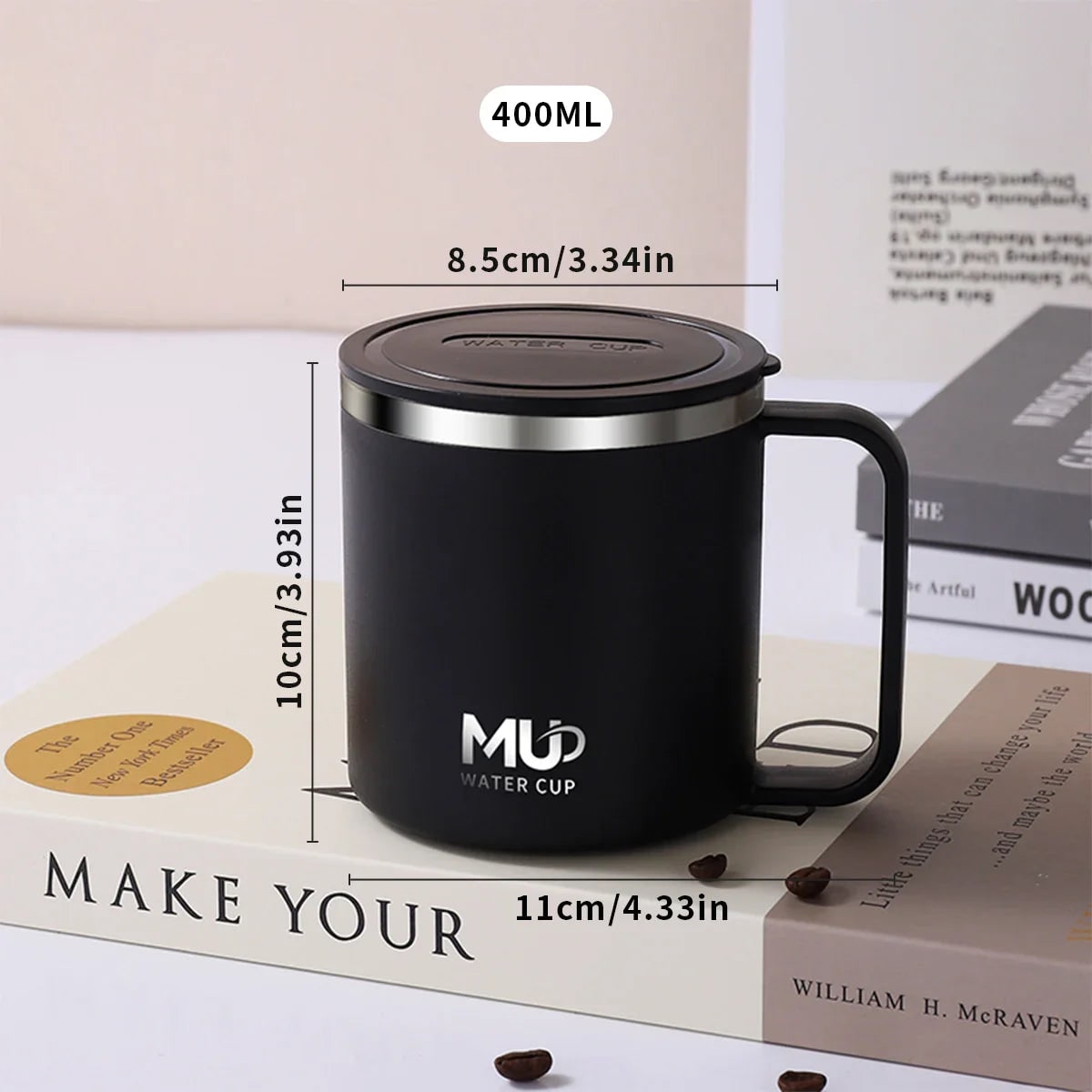Insulated Stainless Steel Coffee Mug with Lid Handle and Double Walled Design for Travel