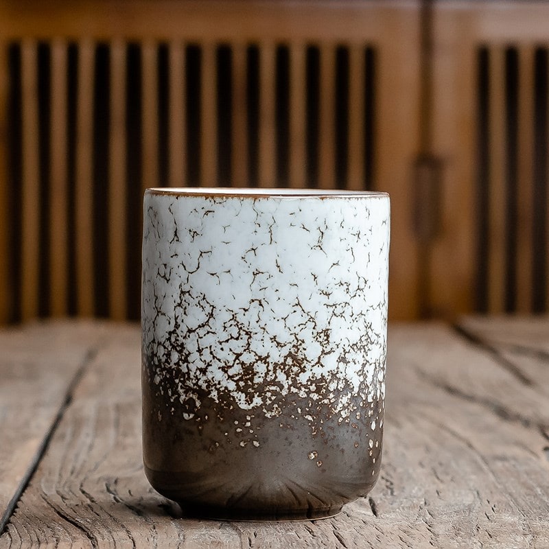 Japanese Ceramic Tea Cup with Crackle Glaze and Tapered Base Handleless Design And Saucers