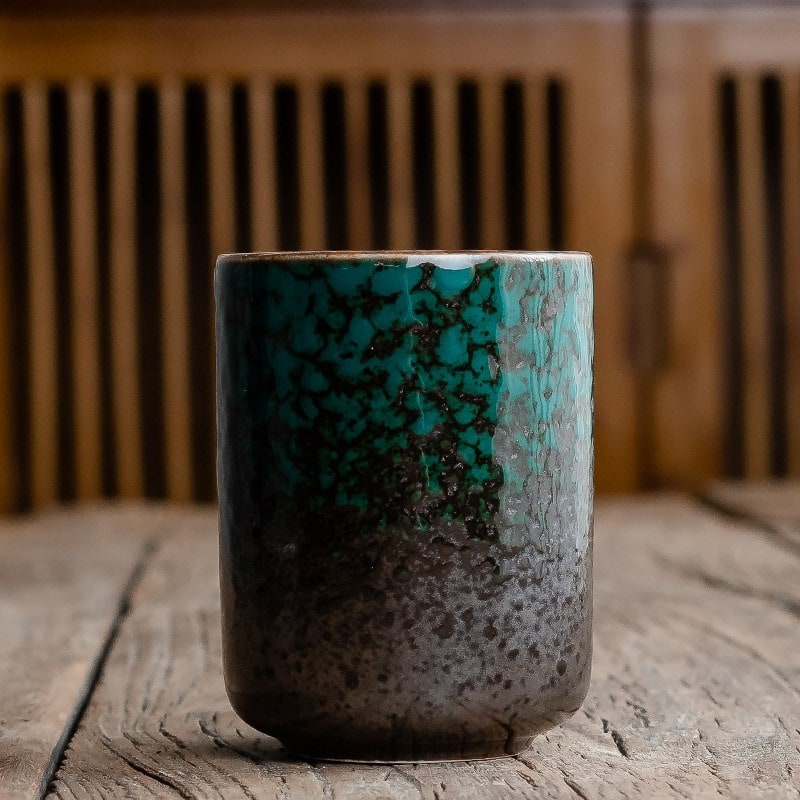 Japanese Ceramic Tea Cup with Crackle Glaze and Tapered Base Handleless Design And Saucers