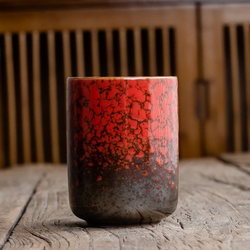 Japanese Ceramic Tea Cup with Crackle Glaze and Tapered Base Handleless Design And Saucers
