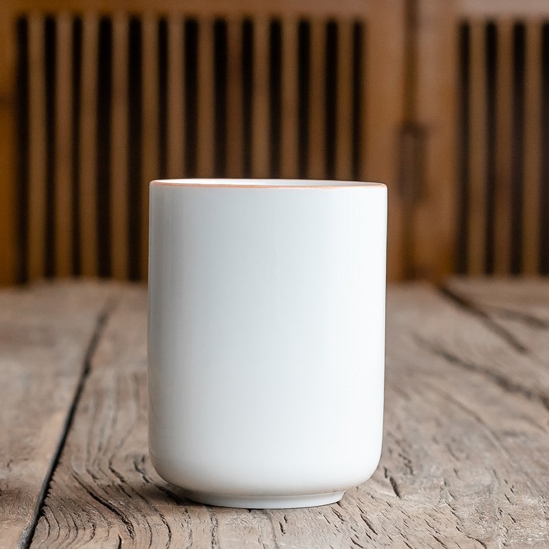 Japanese Ceramic Tea Cup with Crackle Glaze and Tapered Base Handleless Design And Saucers