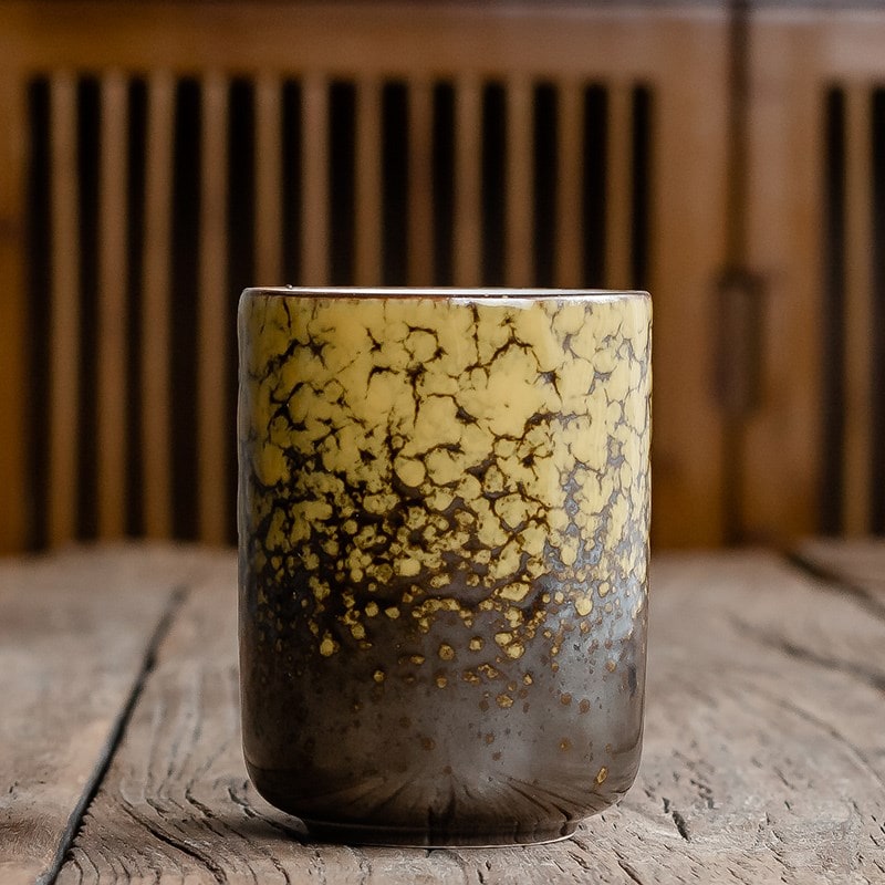 Japanese Ceramic Tea Cup with Crackle Glaze and Tapered Base Handleless Design And Saucers