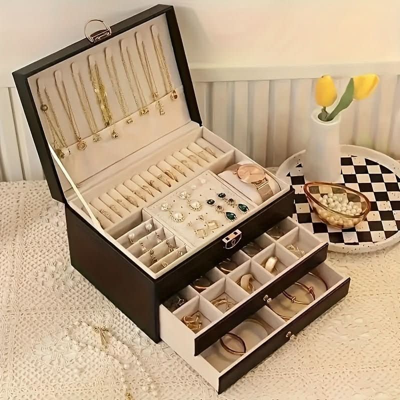 Jewelry Box Organizer with Storage Case Three-Tier Faux Leather with Drawers and Velvet Lining