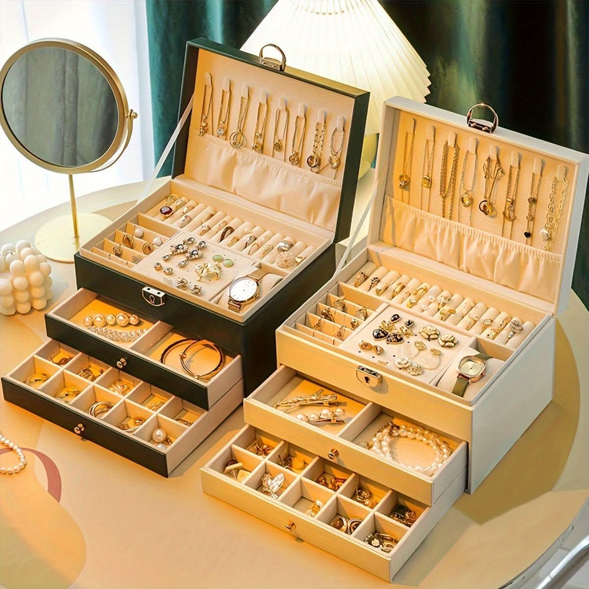 Jewelry Box Organizer with Storage Case Three-Tier Faux Leather with Drawers and Velvet Lining