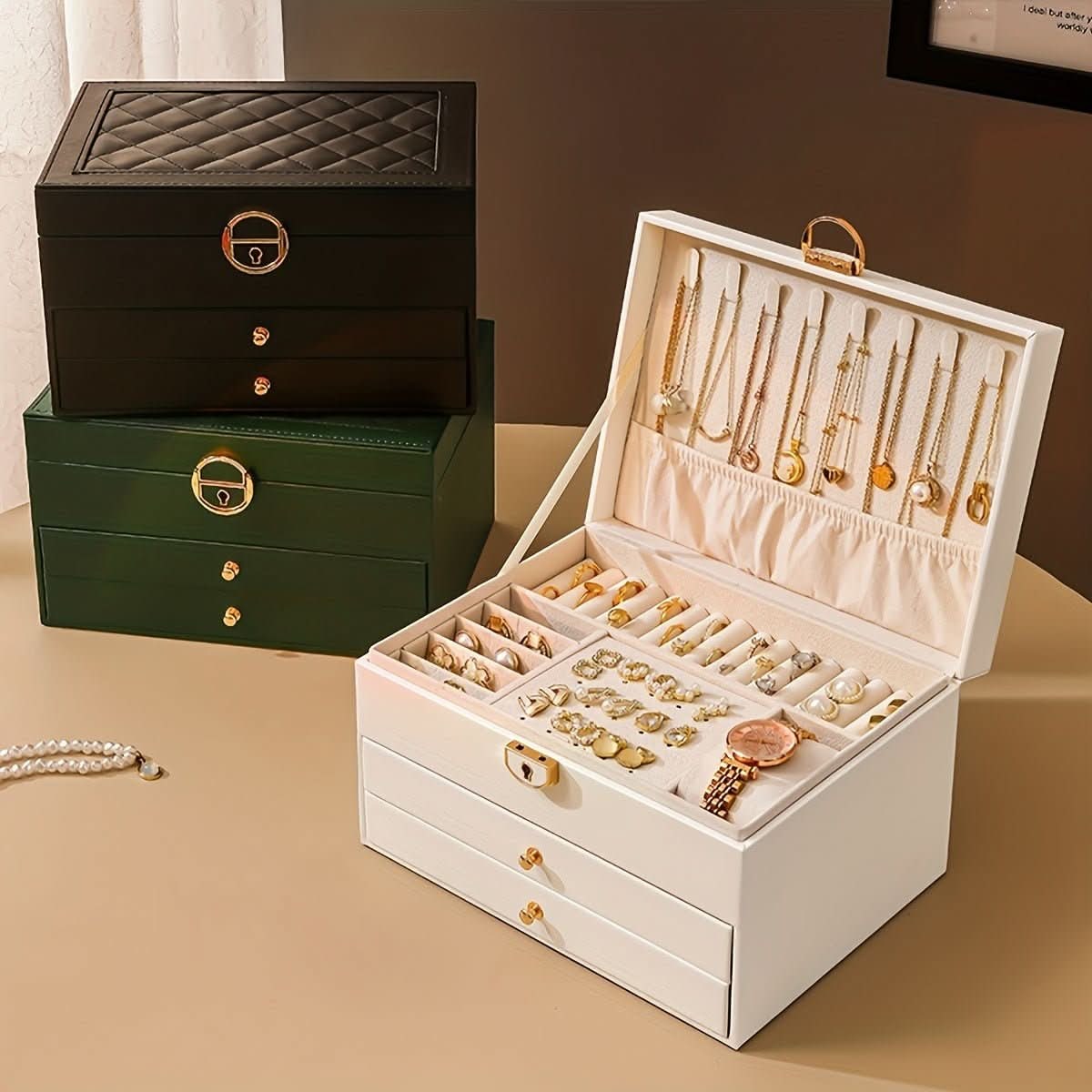 Jewelry Box Organizer with Storage Case Three-Tier Faux Leather with Drawers and Velvet Lining