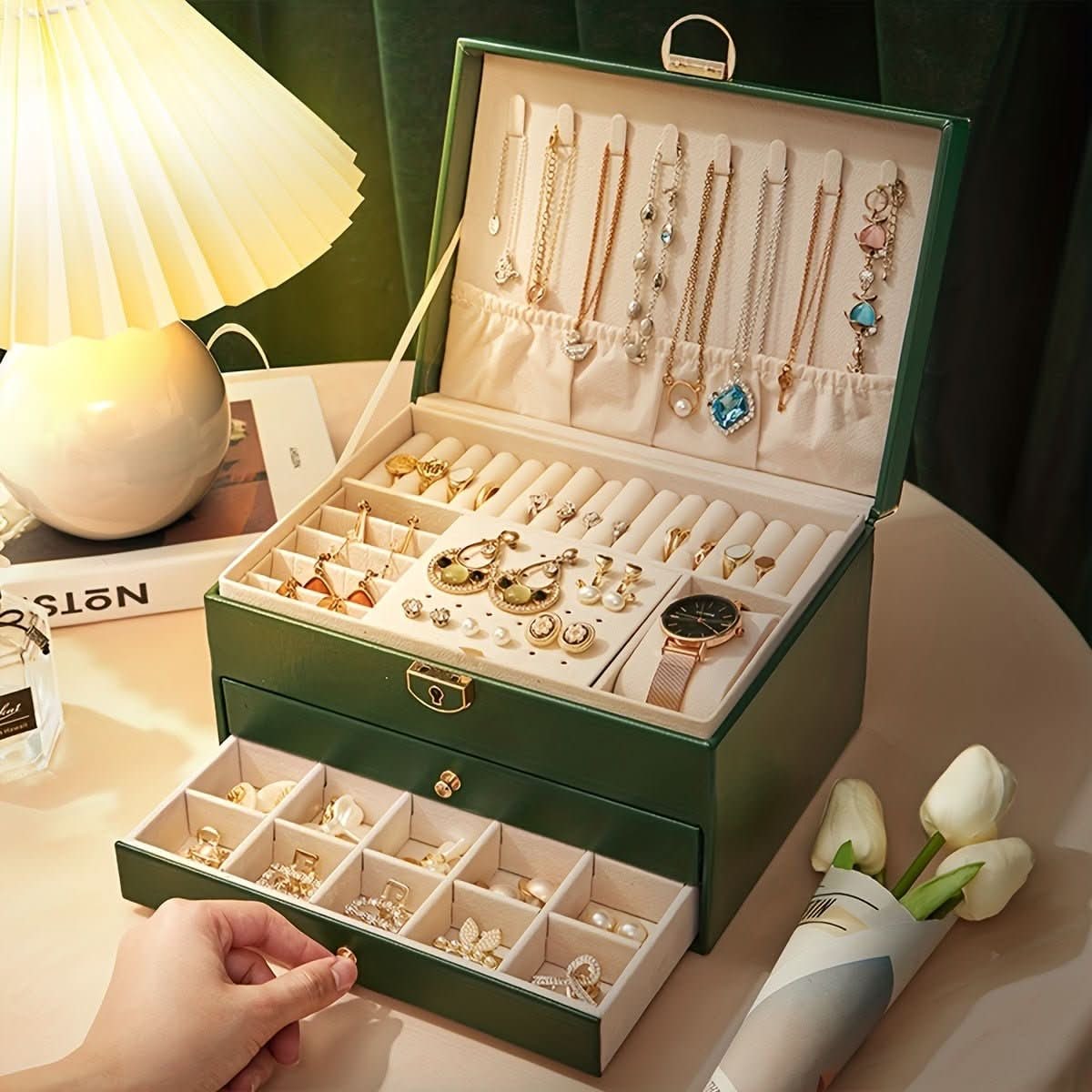 Jewelry Box Organizer with Storage Case Three-Tier Faux Leather with Drawers and Velvet Lining
