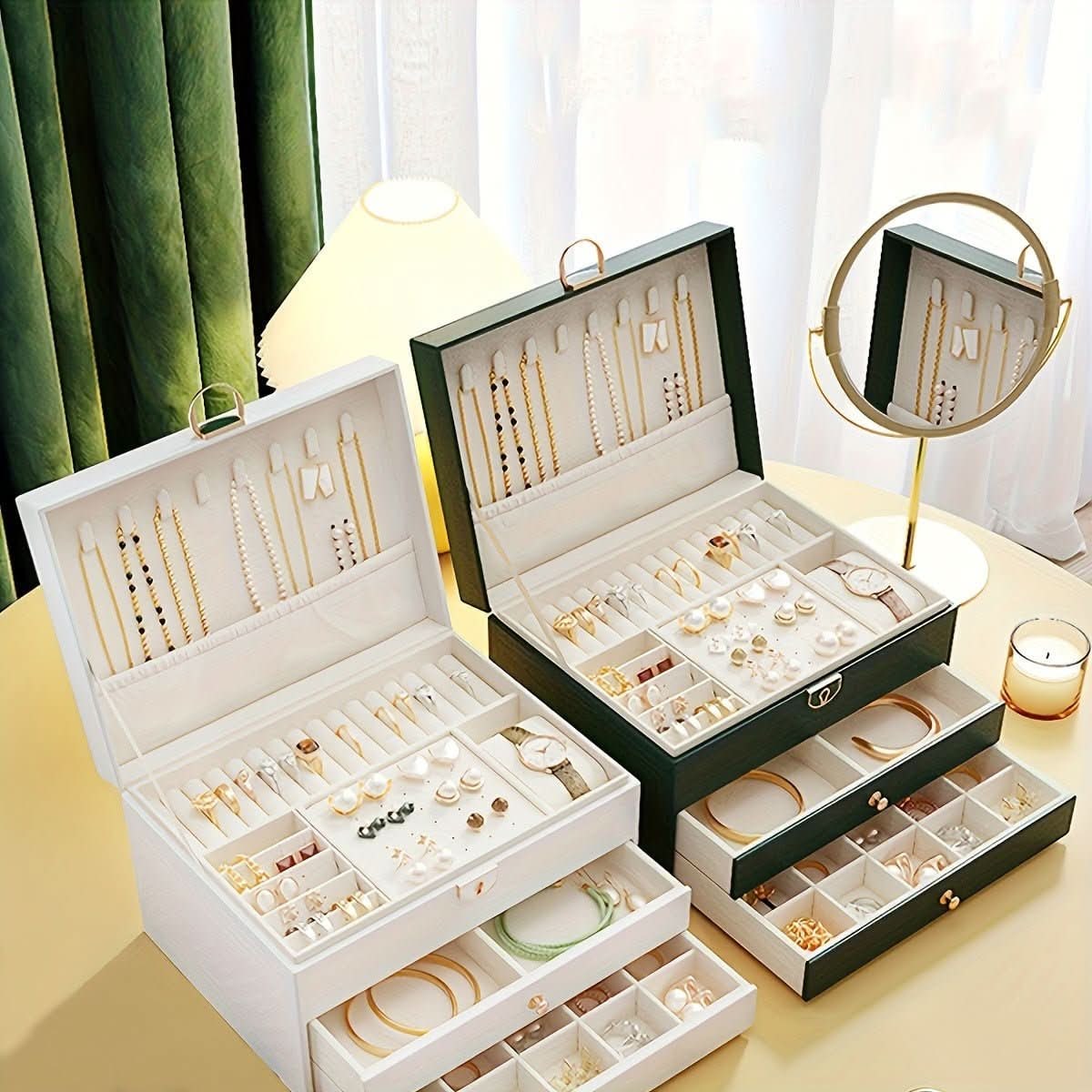 Jewelry Box Organizer with Storage Case Three-Tier Faux Leather with Drawers and Velvet Lining