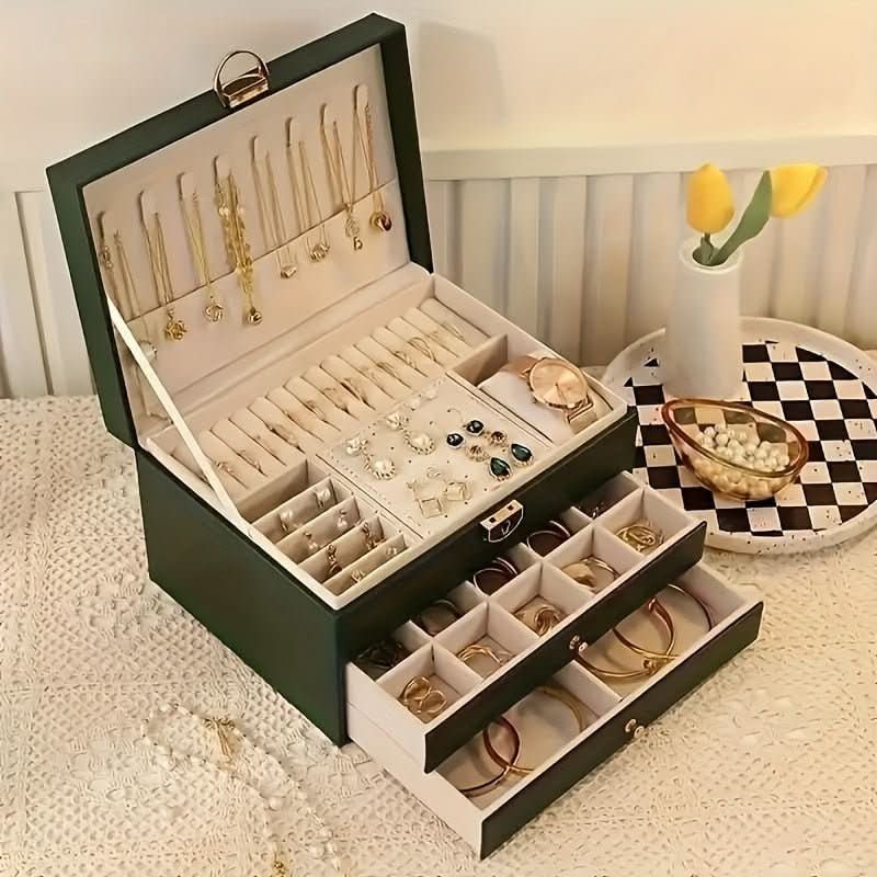 Jewelry Box Organizer with Storage Case Three-Tier Faux Leather with Drawers and Velvet Lining