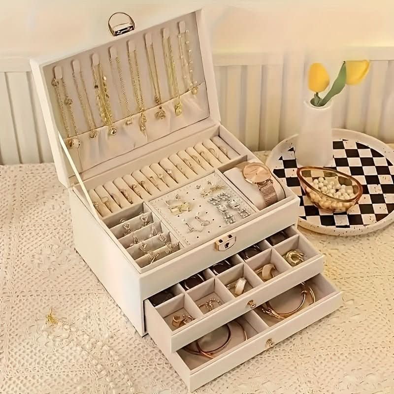 Jewelry Box Organizer with Storage Case Three-Tier Faux Leather with Drawers and Velvet Lining