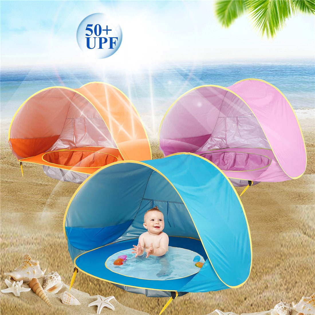Kids' Beach Tent with Pop Up Sun Shade for Waterproof Dome Shelter with Built-In Pool