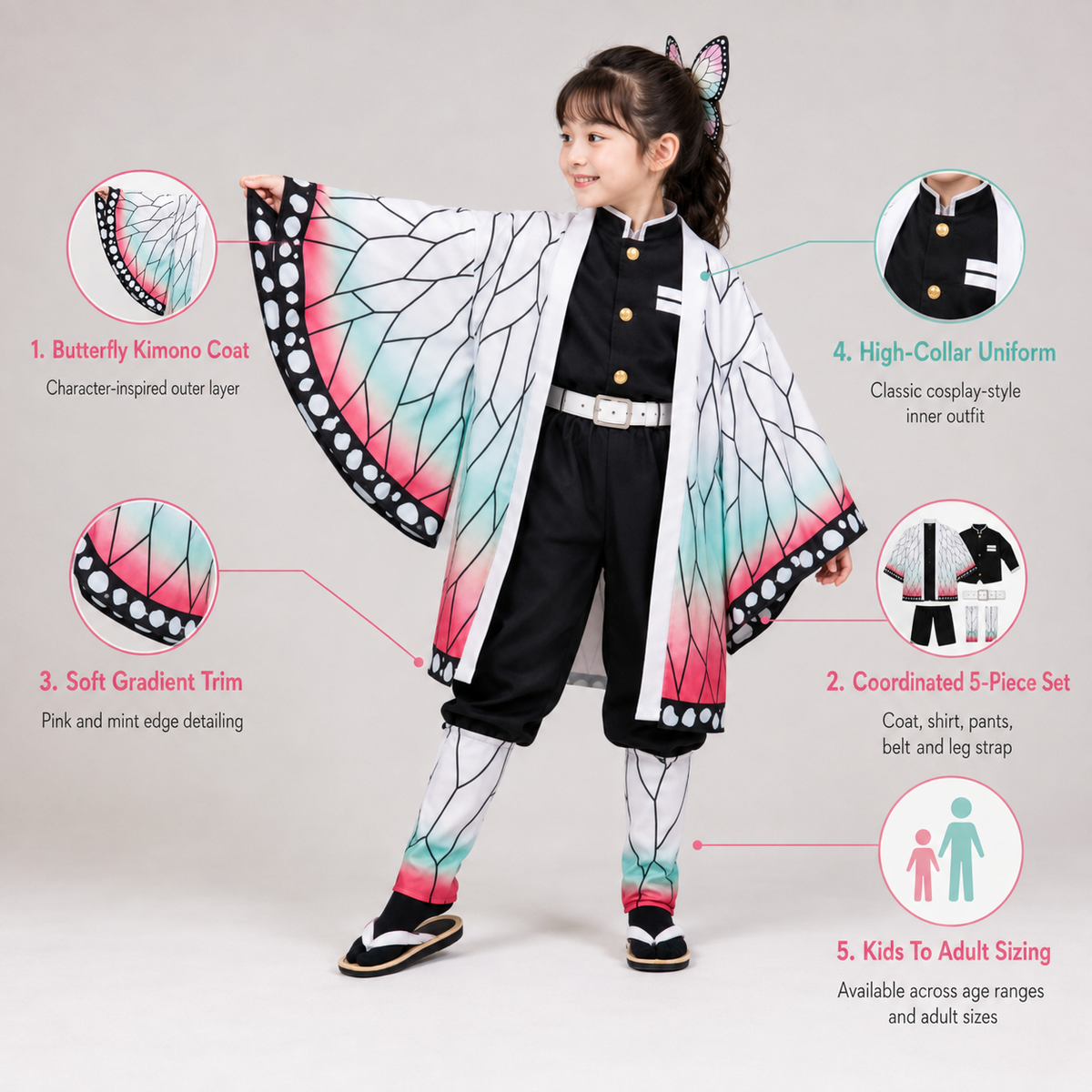 Kids' Halloween Anime Cosplay Costume with Butterfly Kimono Jacket Five-Piece Set