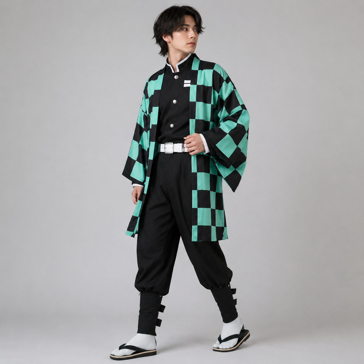 Kids' Halloween Anime Cosplay Costume with Checkered Haori Jacket and Character Accessories for Party