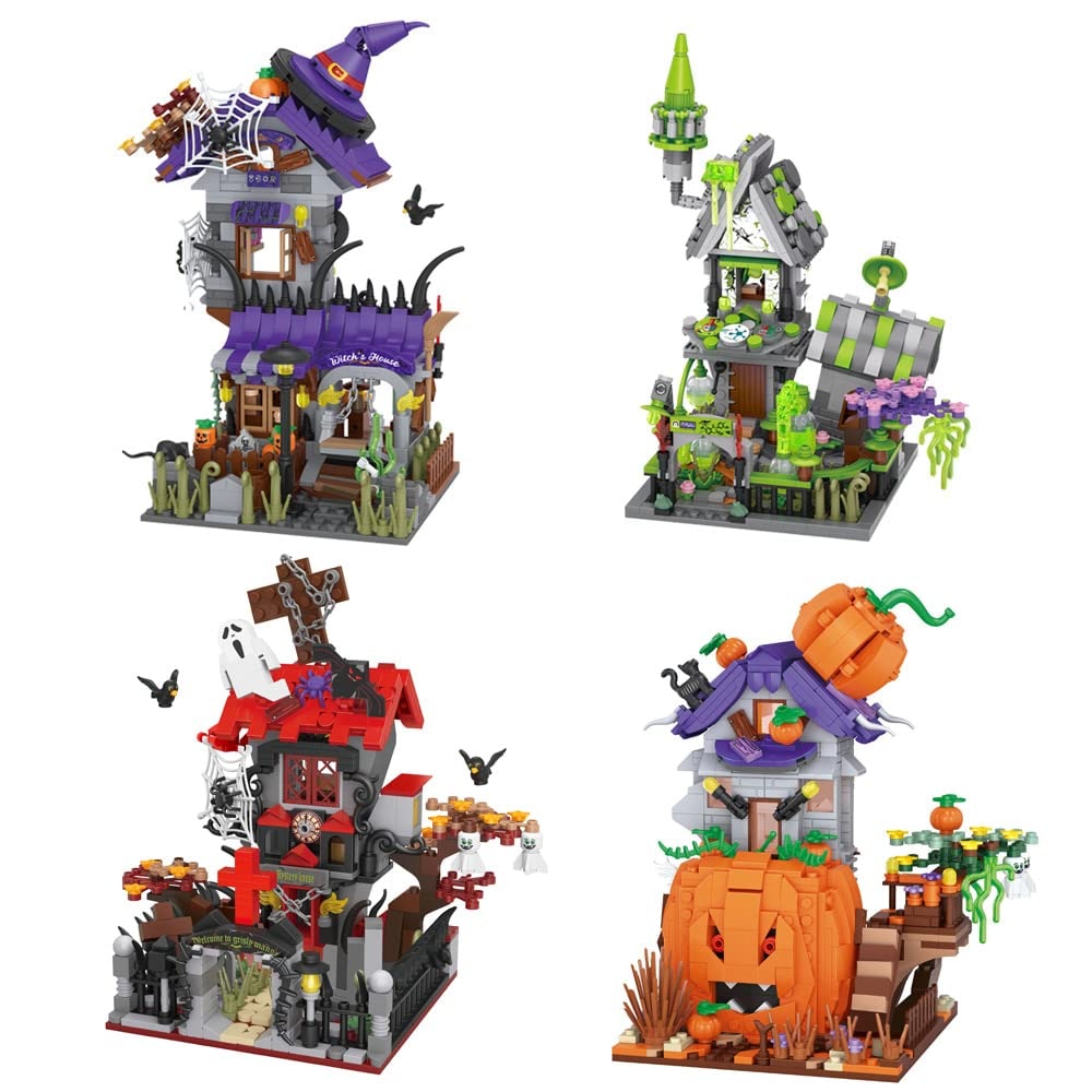 Kids' Halloween Building Blocks Magnetic Tiles Toy Set with Pumpkin House and Spooky Figures