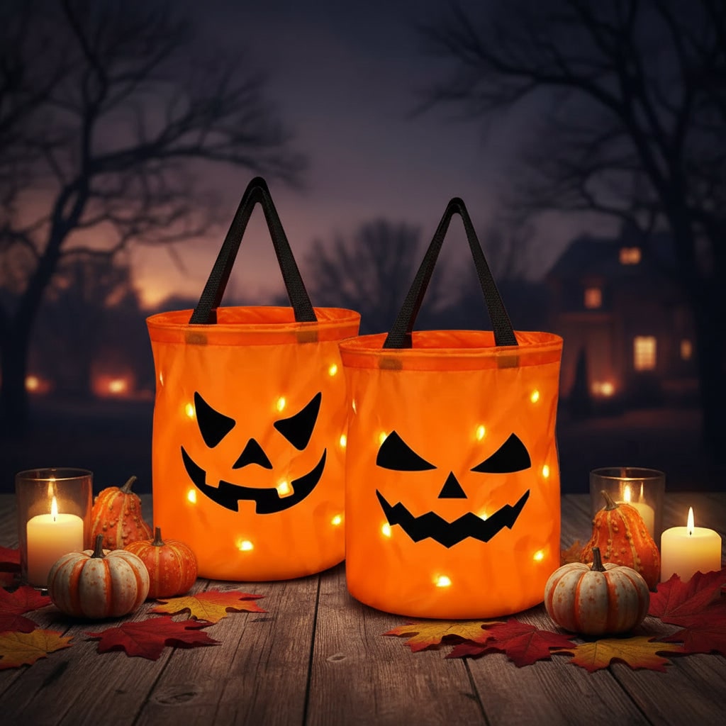 Kids' Halloween Candy Bag and Trick or Treat Reusable with LED Pumpkin Lights and Handles for Party Favor