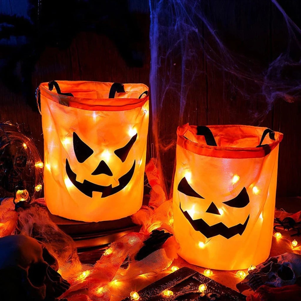 Kids' Halloween Candy Bag and Trick or Treat Reusable with LED Pumpkin Lights and Handles for Party Favor