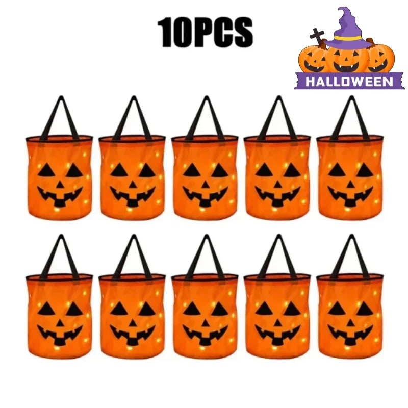 Kids' Halloween Candy Bucket and Bag with LED Light-Up Jack-O'-Lantern Pumpkin Pail for Trick or Treat