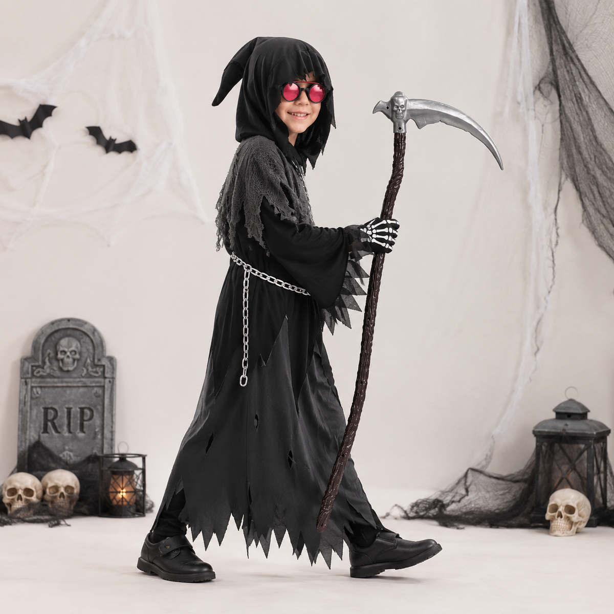 Kids' Halloween Costume Grim Reaper Hooded Robe Set with Glowing Eyes and Toy Scythe