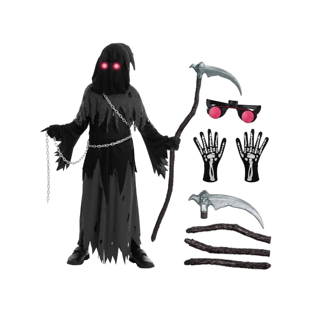 Kids' Halloween Costume Grim Reaper Hooded Robe Set with Glowing Eyes and Toy Scythe
