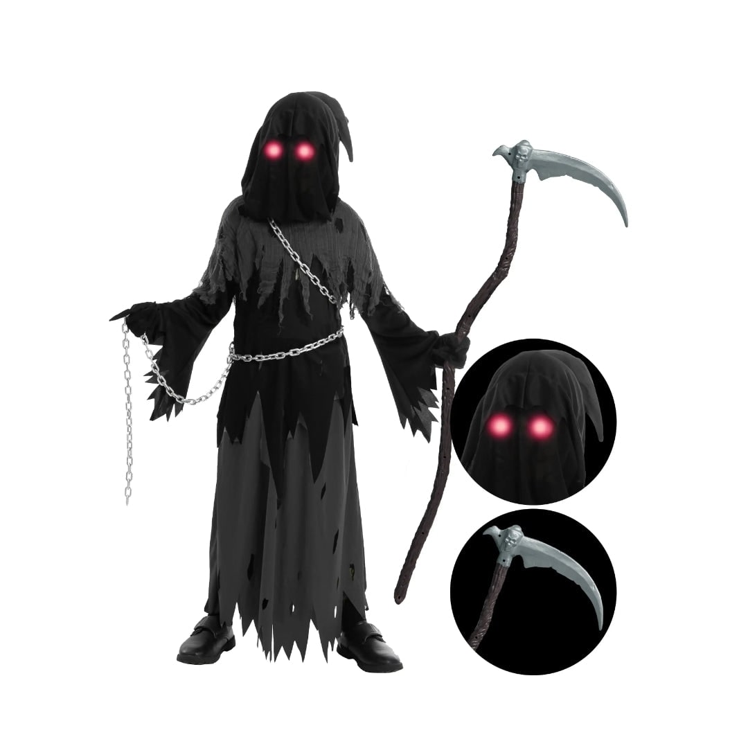 Kids' Halloween Costume Grim Reaper Hooded Robe Set with Glowing Eyes and Toy Scythe