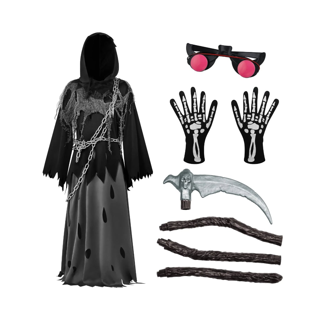 Kids' Halloween Costume Grim Reaper Hooded Robe Set with Glowing Eyes and Toy Scythe