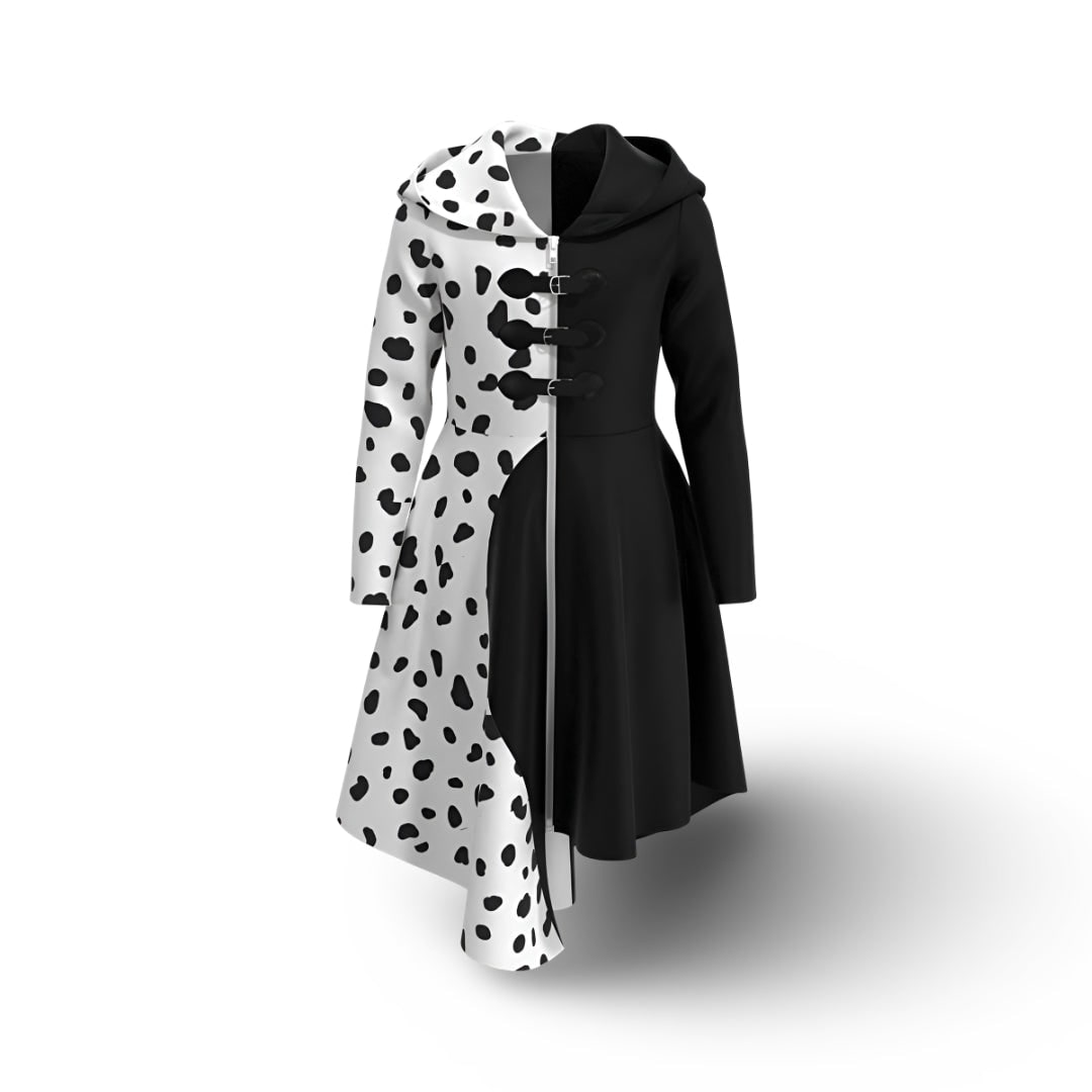 Kids' Halloween Cruella Costume Dress with Dalmatian Spots and Attached Hood for Character Cosplay Party