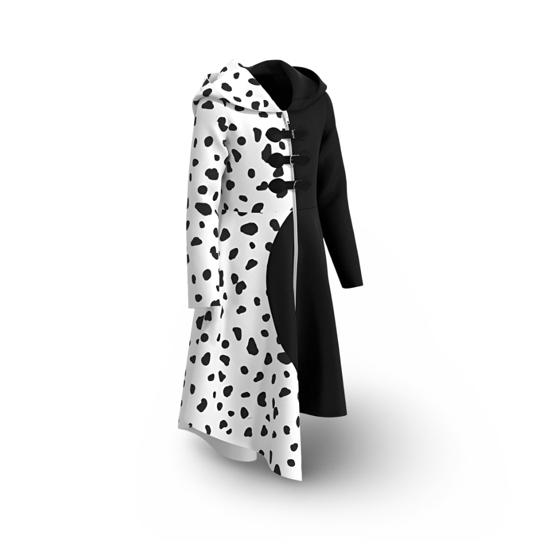 Kids' Halloween Cruella Costume Dress with Dalmatian Spots and Attached Hood for Character Cosplay Party
