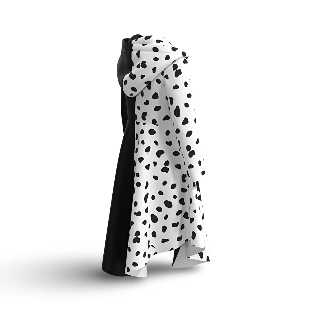Kids' Halloween Cruella Costume Dress with Dalmatian Spots and Attached Hood for Character Cosplay Party