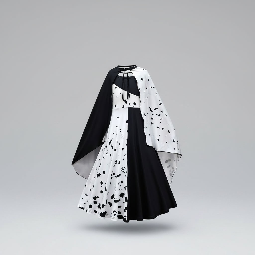 Kids' Halloween Cruella De Vil Costume with Split Black and White Dress Cape