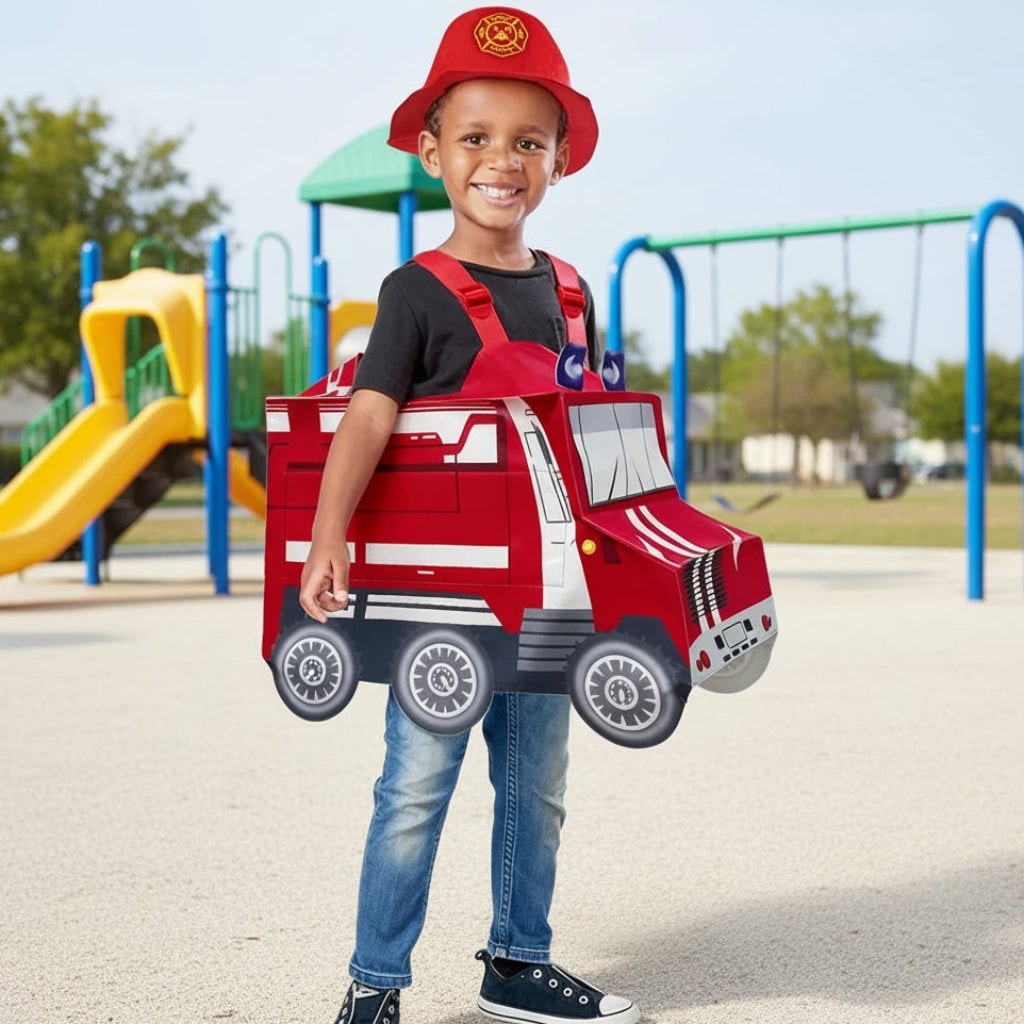 Kids' Halloween Firefighter Costume with Hat Reflective Stripes and Badge for Dress Up