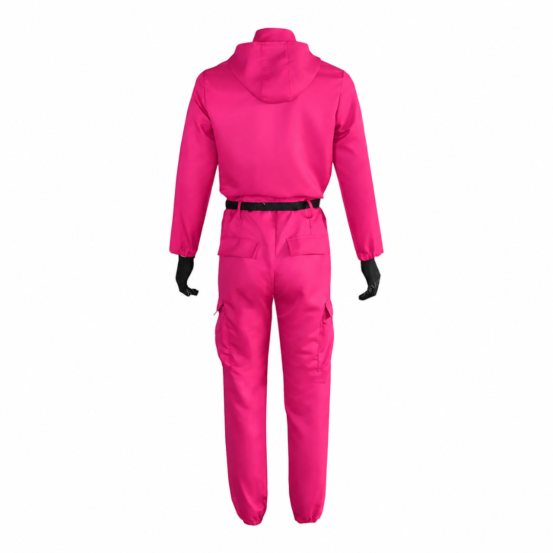 Kids' Halloween Hooded Jumpsuit Costume with Mask Belt and Cargo Pockets Pink