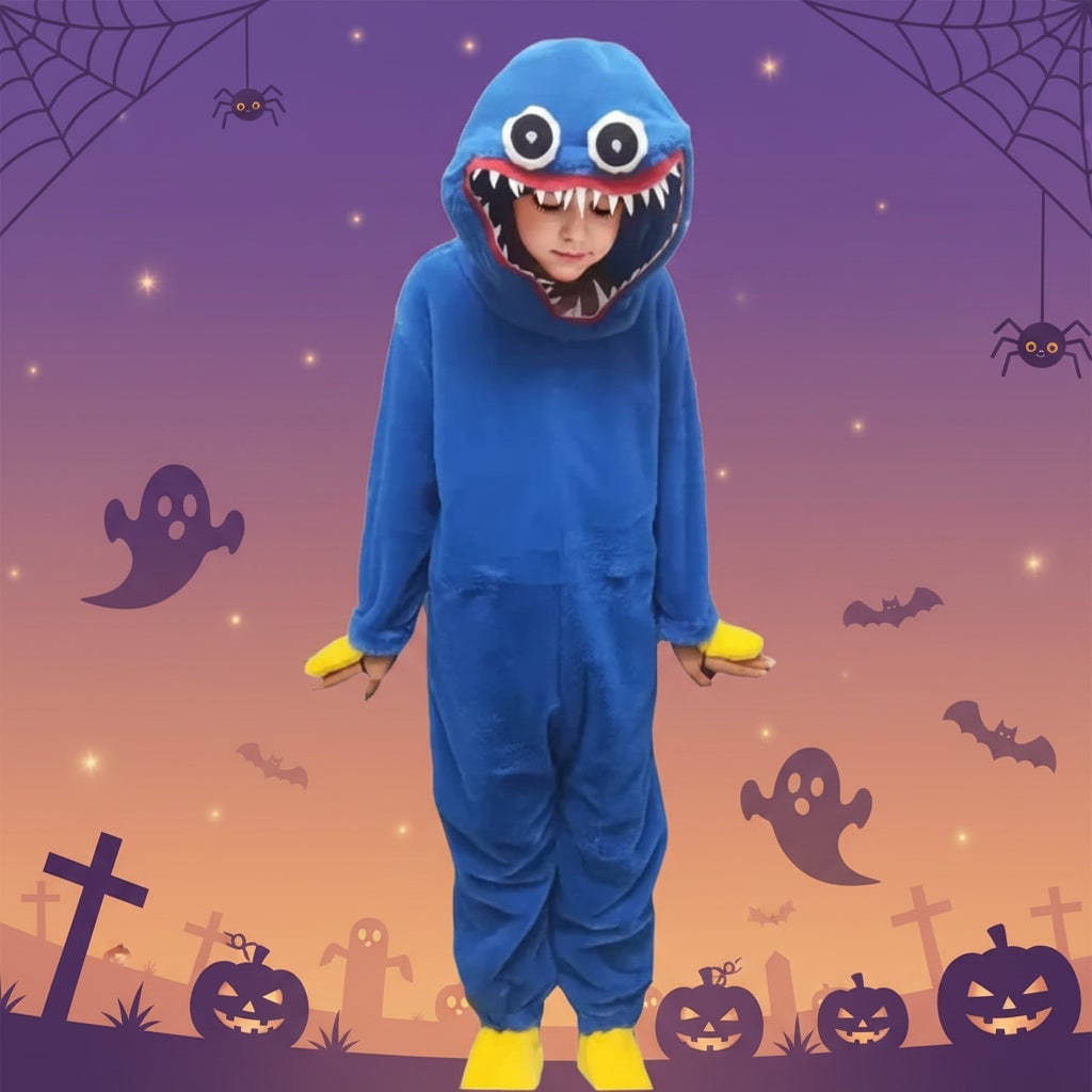 Kids' Halloween Monster Onesie Plush Jumpsuit Costume with Hood and Embroidered Eyes